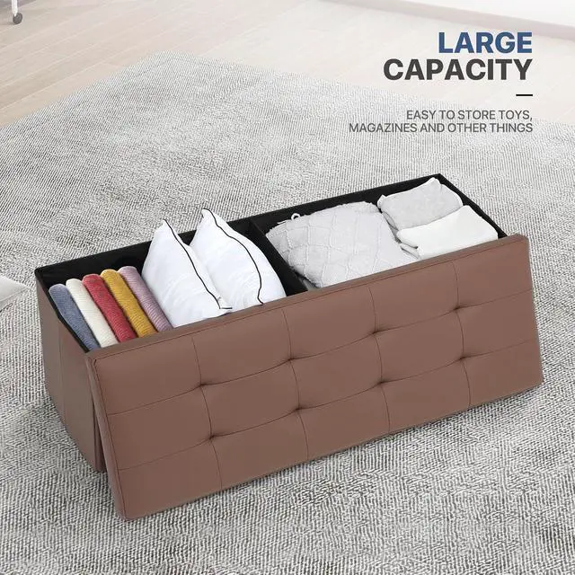 Alt view image 4 of 7 - 43 Inch Storage Ottoman Bench, 34 Gal. Folding Ottoman Footrest, End of Bed Bench, Rectangle Foot Stool, Supports 600 lbs, for Bedroom, Living Room, Entryway, Hallway, Brown