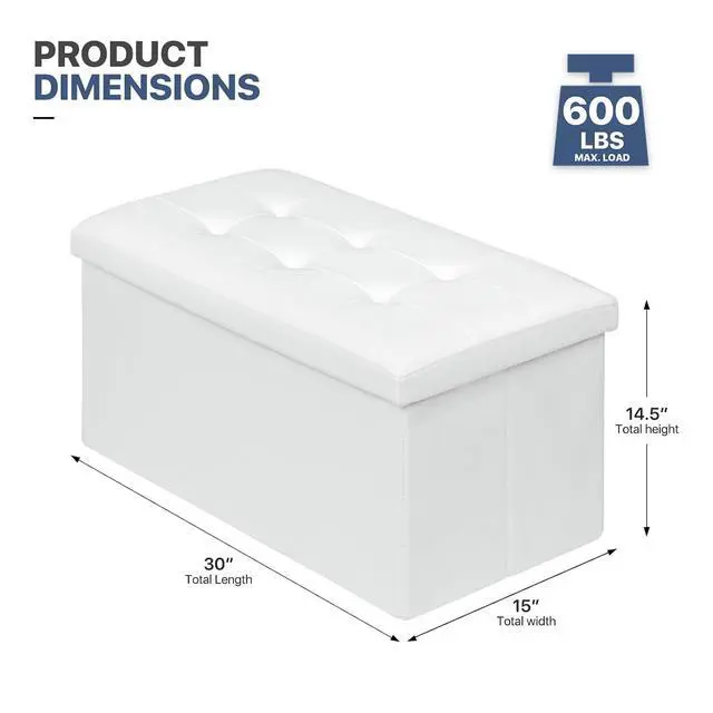 Alt view image 3 of 7 - 30 Inch Storage Ottoman Bench, 24 Gal. Folding Ottoman Footrest, End of Bed Bench, Rectangle Foot Stool, Supports 600 lbs, for Bedroom, Living Room, Entryway, Hallway, White