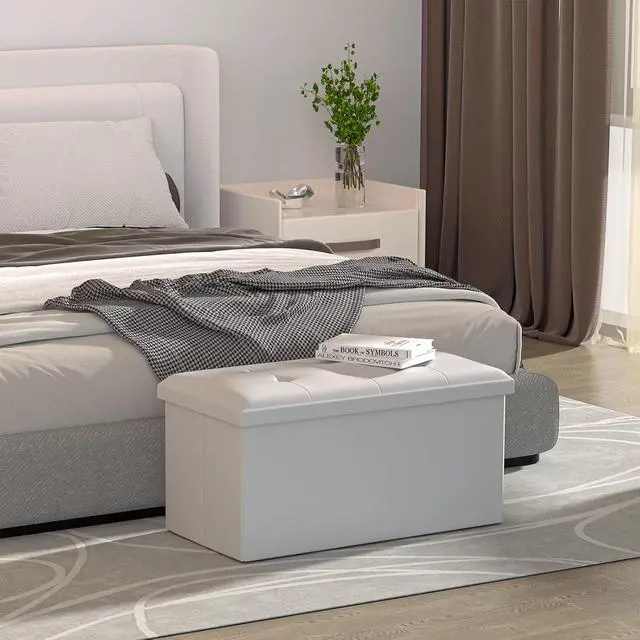 Alt view image 2 of 7 - 30 Inch Storage Ottoman Bench, 24 Gal. Folding Ottoman Footrest, End of Bed Bench, Rectangle Foot Stool, Supports 600 lbs, for Bedroom, Living Room, Entryway, Hallway, White