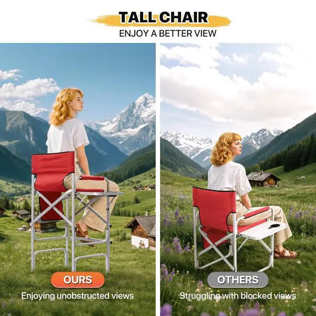 Alt view image 7 of 7 - 44.5" Foldable Tall Director Chair Folding Portable Aluminum Frame Makeup Artist Chair, with Side Table, Cup Holder and Pockets, 250lbs Capacity (Set of 2, Red)