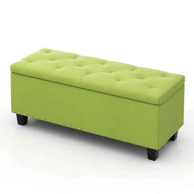 Main image of 42 Inch Long Bench with Storage, Modern 40L Inner Space Green Linen Foot Stool for Bedroom, Upholstered Padded Rectangular Fabric Tufted Bench Footrest with Wood Legs with 660 Lbs Capacity