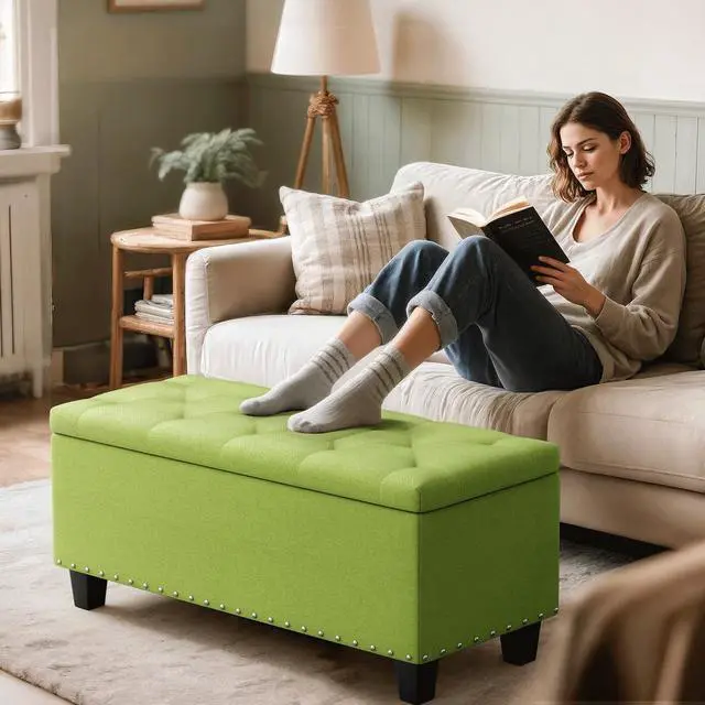 Alt view image 2 of 7 - 42 Inch Long Bench with Storage, Modern 40L Inner Space Green Linen Foot Stool for Bedroom, Upholstered Padded Rectangular Fabric Tufted Bench Footrest with Wood Legs with 660 Lbs Capacity