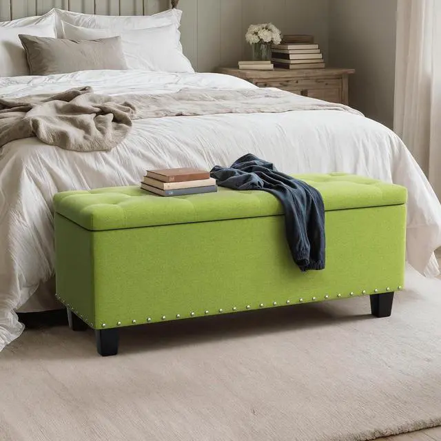 Alt view image 4 of 7 - 42 Inch Long Bench with Storage, Modern 40L Inner Space Green Linen Foot Stool for Bedroom, Upholstered Padded Rectangular Fabric Tufted Bench Footrest with Wood Legs with 660 Lbs Capacity
