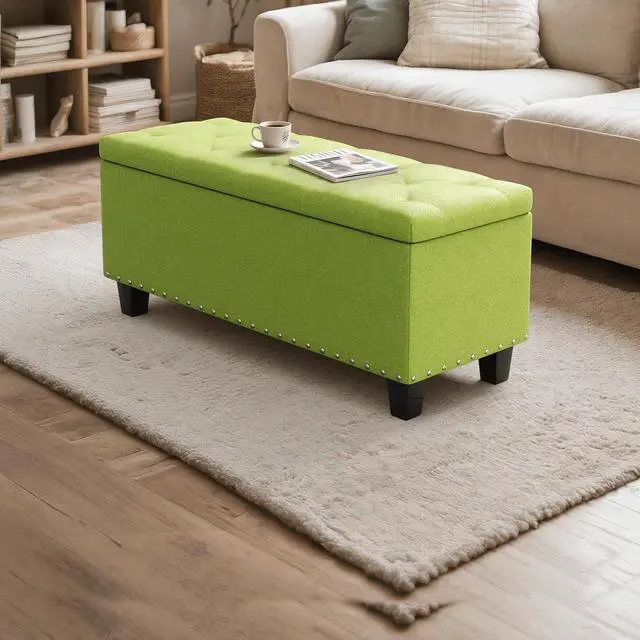 Alt view image 5 of 7 - 42 Inch Long Bench with Storage, Modern 40L Inner Space Green Linen Foot Stool for Bedroom, Upholstered Padded Rectangular Fabric Tufted Bench Footrest with Wood Legs with 660 Lbs Capacity