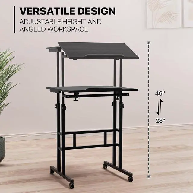 Alt view image 6 of 7 - Mobile Desk Workstation Height Adjustable Rolling Laptop Stand Table with Wheels for Home Office Laptop Cart, Computer Desk, Black