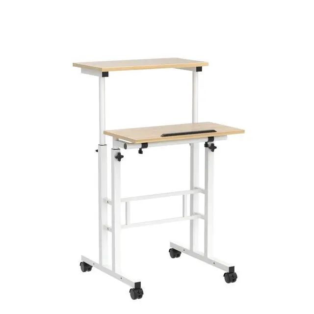 Alt view image 4 of 7 - Mobile Standing Desk with 2 Platforms Adjustable Computer Laptop Desk Home Office Workstation Rolling Table Cart for Standing or Sitting, Natural