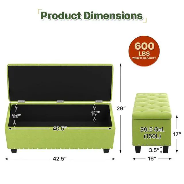 Alt view image 3 of 7 - 42 Inch Long Bench with Storage, Modern 40L Inner Space Green Linen Foot Stool for Bedroom, Upholstered Padded Rectangular Fabric Tufted Bench Footrest with Wood Legs with 660 Lbs Capacity