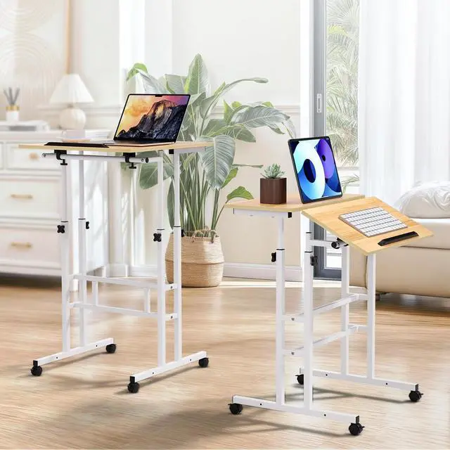 Alt view image 2 of 7 - Mobile Standing Desk with 2 Platforms Adjustable Computer Laptop Desk Home Office Workstation Rolling Table Cart for Standing or Sitting, Natural
