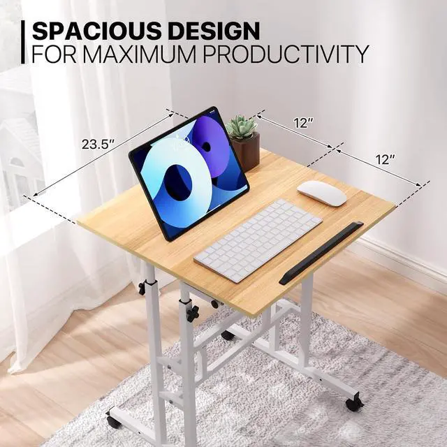 Alt view image 5 of 7 - Mobile Standing Desk with 2 Platforms Adjustable Computer Laptop Desk Home Office Workstation Rolling Table Cart for Standing or Sitting, Natural