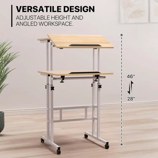 Alt view image 6 of 7 - Mobile Standing Desk with 2 Platforms Adjustable Computer Laptop Desk Home Office Workstation Rolling Table Cart for Standing or Sitting, Natural