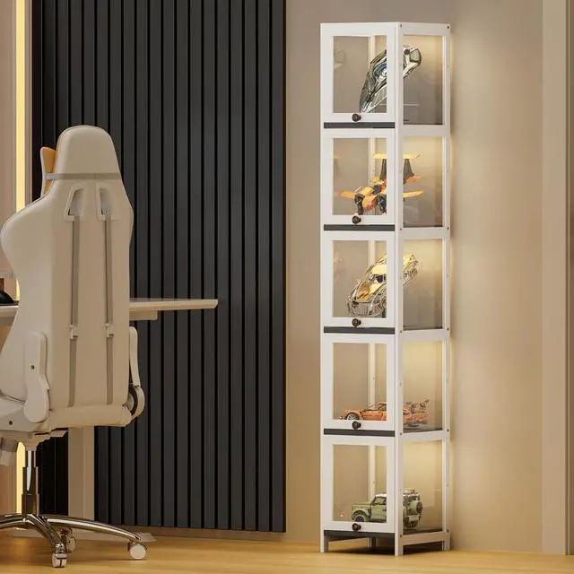 Alt view image 2 of 7 - 68" Tall Slim Narrow Clear Acrylic Door Curio Cabinet Display Case with Corner Shelves, White