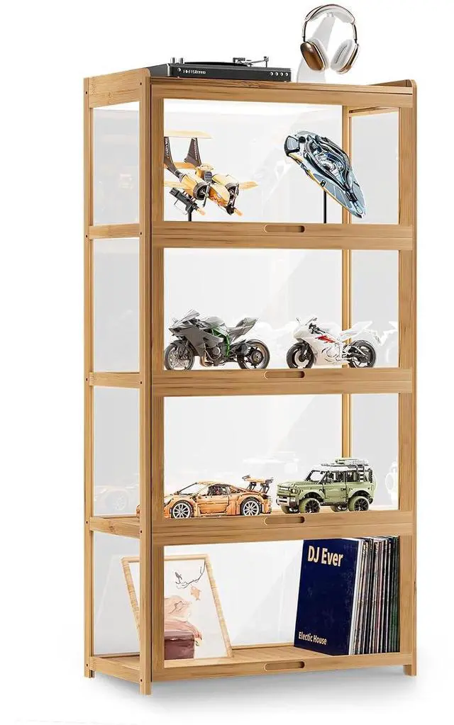 Main image of 55" Curio Display Cabinet with Doors, 4-Tier Bamboo Showcase Storage Cabinet Shelf Collectibles Toy Display Case for Living Room, Natural