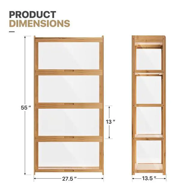 Alt view image 3 of 7 - 55" Curio Display Cabinet with Doors, 4-Tier Bamboo Showcase Storage Cabinet Shelf Collectibles Toy Display Case for Living Room, Natural