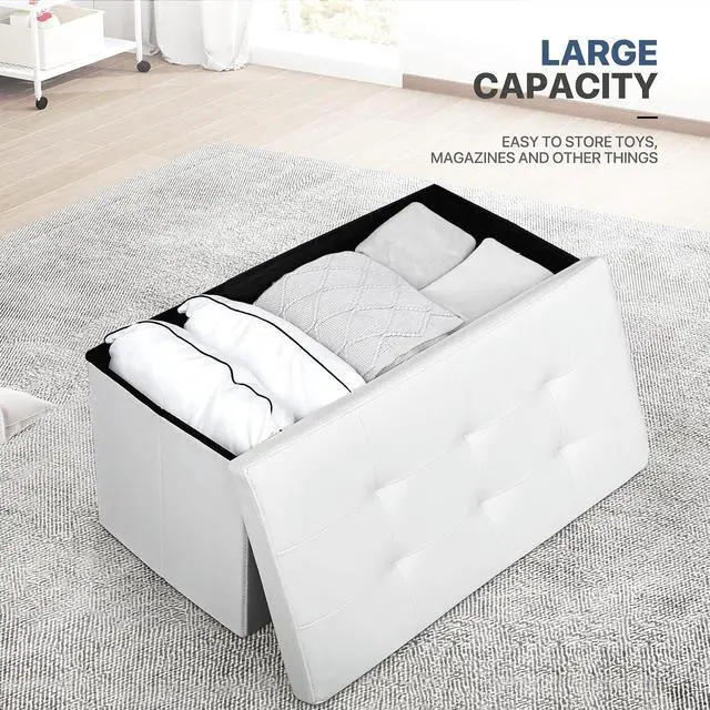 Alt view image 4 of 7 - 30 Inch Storage Ottoman Bench, 24 Gal. Folding Ottoman Footrest, End of Bed Bench, Rectangle Foot Stool, Supports 600 lbs, for Bedroom, Living Room, Entryway, Hallway, White
