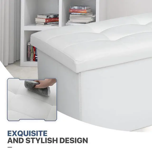 Alt view image 7 of 7 - 30 Inch Storage Ottoman Bench, 24 Gal. Folding Ottoman Footrest, End of Bed Bench, Rectangle Foot Stool, Supports 600 lbs, for Bedroom, Living Room, Entryway, Hallway, White