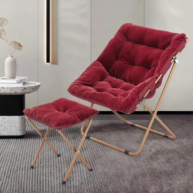 Alt view image 2 of 7 - Square Folding Faux Fur Saucer Chair for Bedroom Living Room Dorm Foldable Metal Frame Oversized Large Comfy Furry Padded Soft Cozy Moon Chair with Footrest Ottoman for Adults (Burgundy)