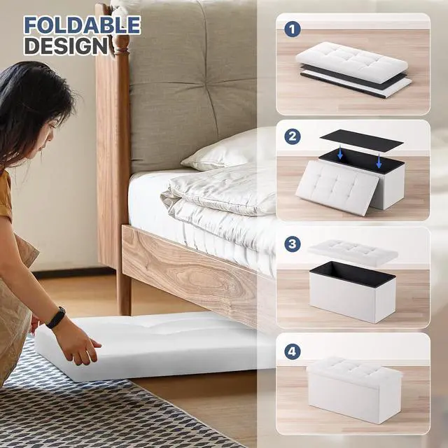 Alt view image 5 of 7 - 30 Inch Storage Ottoman Bench, 24 Gal. Folding Ottoman Footrest, End of Bed Bench, Rectangle Foot Stool, Supports 600 lbs, for Bedroom, Living Room, Entryway, Hallway, White