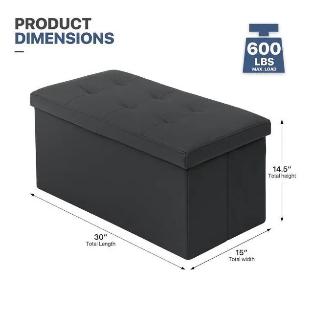 Alt view image 3 of 7 - 30 Inch Storage Ottoman Bench, 24 Gal. Folding Ottoman Footrest, End of Bed Bench, Rectangle Foot Stool, Supports 600 lbs, for Bedroom, Living Room, Entryway, Hallway, Black