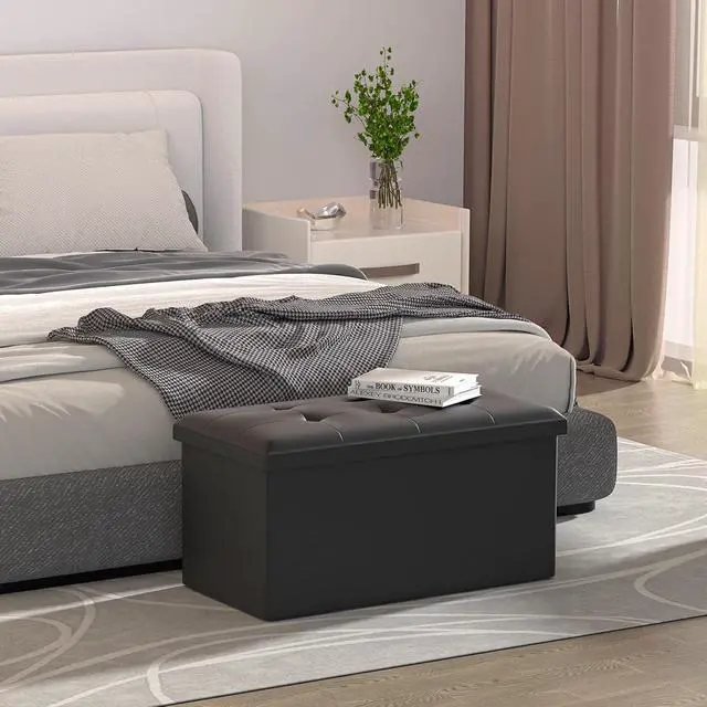 Alt view image 2 of 7 - 30 Inch Storage Ottoman Bench, 24 Gal. Folding Ottoman Footrest, End of Bed Bench, Rectangle Foot Stool, Supports 600 lbs, for Bedroom, Living Room, Entryway, Hallway, Black