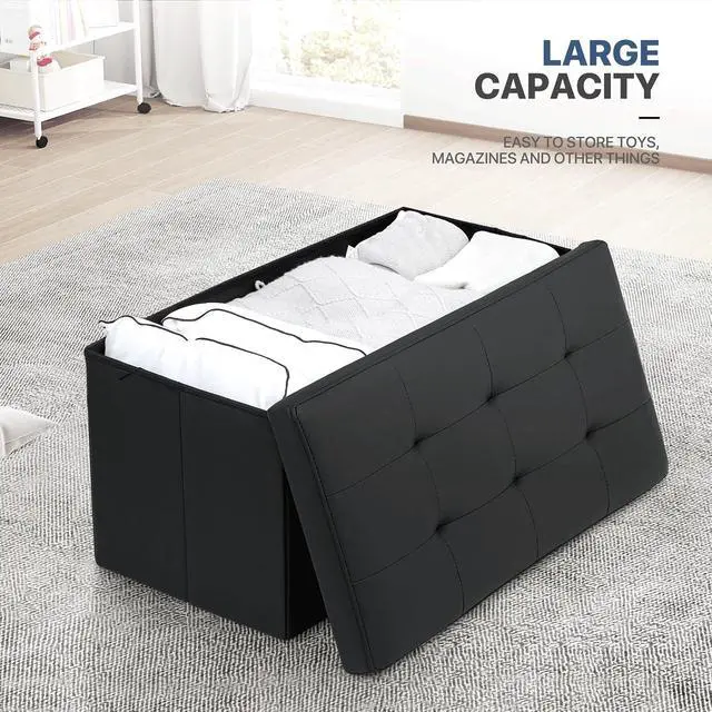 Alt view image 4 of 7 - 30 Inch Storage Ottoman Bench, 24 Gal. Folding Ottoman Footrest, End of Bed Bench, Rectangle Foot Stool, Supports 600 lbs, for Bedroom, Living Room, Entryway, Hallway, Black