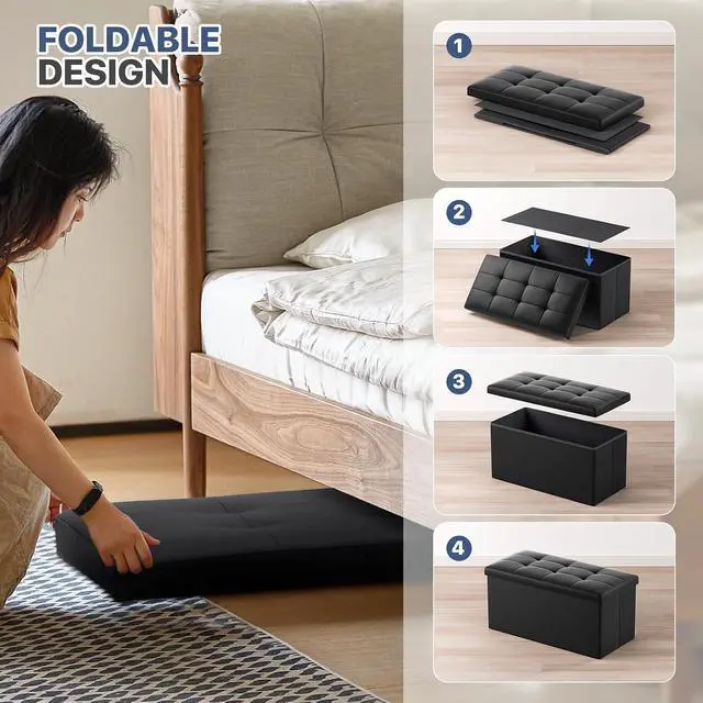 Alt view image 5 of 7 - 30 Inch Storage Ottoman Bench, 24 Gal. Folding Ottoman Footrest, End of Bed Bench, Rectangle Foot Stool, Supports 600 lbs, for Bedroom, Living Room, Entryway, Hallway, Black