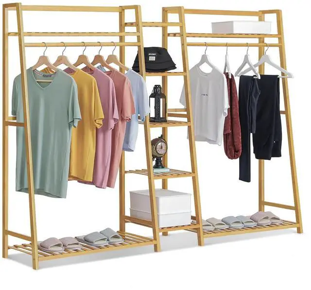 Main image of Bamboo Coat Rack with 5-Tier Storage Shelves Trapezoid Freestanding Garment Rack Clothes Hanging Rack Stand for Bedroom Living Room, Natural