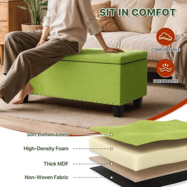 Alt view image 7 of 7 - 42 Inch Long Bench with Storage, Modern 40L Inner Space Green Linen Foot Stool for Bedroom, Upholstered Padded Rectangular Fabric Tufted Bench Footrest with Wood Legs with 660 Lbs Capacity