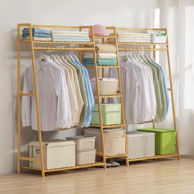 Alt view image 3 of 7 - Bamboo Coat Rack with 5-Tier Storage Shelves Trapezoid Freestanding Garment Rack Clothes Hanging Rack Stand for Bedroom Living Room, Natural