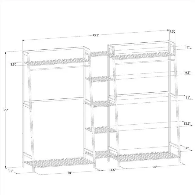 Alt view image 2 of 7 - Bamboo Coat Rack with 5-Tier Storage Shelves Trapezoid Freestanding Garment Rack Clothes Hanging Rack Stand for Bedroom Living Room, Natural