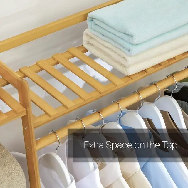 Alt view image 5 of 7 - Bamboo Coat Rack with 5-Tier Storage Shelves Trapezoid Freestanding Garment Rack Clothes Hanging Rack Stand for Bedroom Living Room, Natural