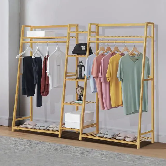 Alt view image 7 of 7 - Bamboo Coat Rack with 5-Tier Storage Shelves Trapezoid Freestanding Garment Rack Clothes Hanging Rack Stand for Bedroom Living Room, Natural