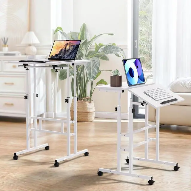 Alt view image 2 of 7 - Mobile Stand Up Desk Height Adjustable Computer Standing Rolling Laptop Cart Table with 2 Platforms for Home Office Classroom with Wheels, White
