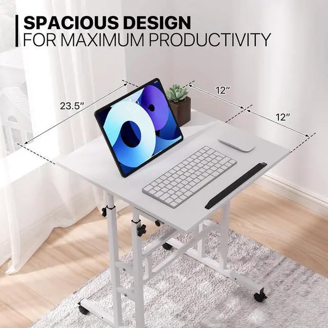Alt view image 4 of 7 - Mobile Stand Up Desk Height Adjustable Computer Standing Rolling Laptop Cart Table with 2 Platforms for Home Office Classroom with Wheels, White