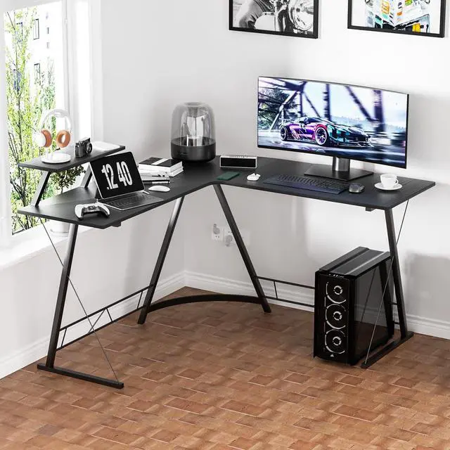 Alt view image 2 of 7 - L Shaped Gaming Desk Computer Corner Table with Metal Frame, L Desk Workstation for Home Office, Space-Saving, Black