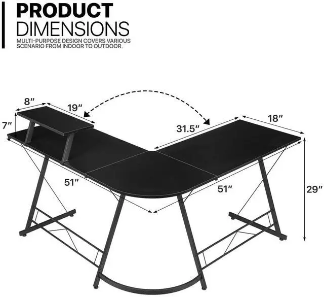 Alt view image 3 of 7 - L Shaped Gaming Desk Computer Corner Table with Metal Frame, L Desk Workstation for Home Office, Space-Saving, Black