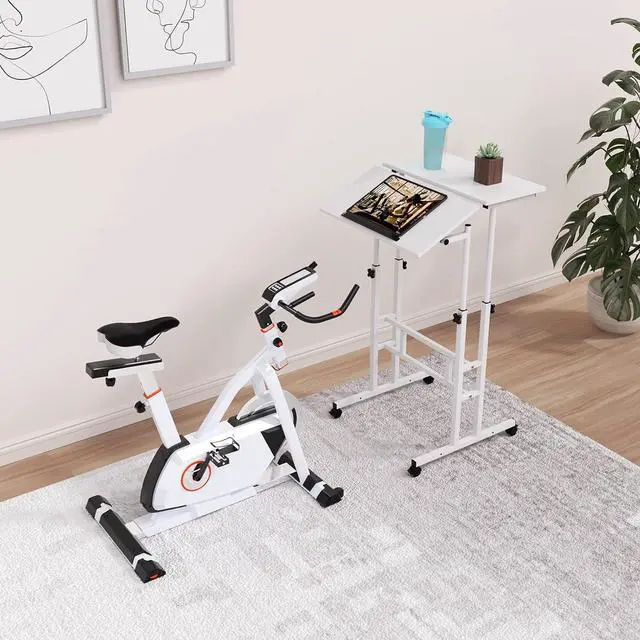 Alt view image 7 of 7 - Mobile Stand Up Desk Height Adjustable Computer Standing Rolling Laptop Cart Table with 2 Platforms for Home Office Classroom with Wheels, White