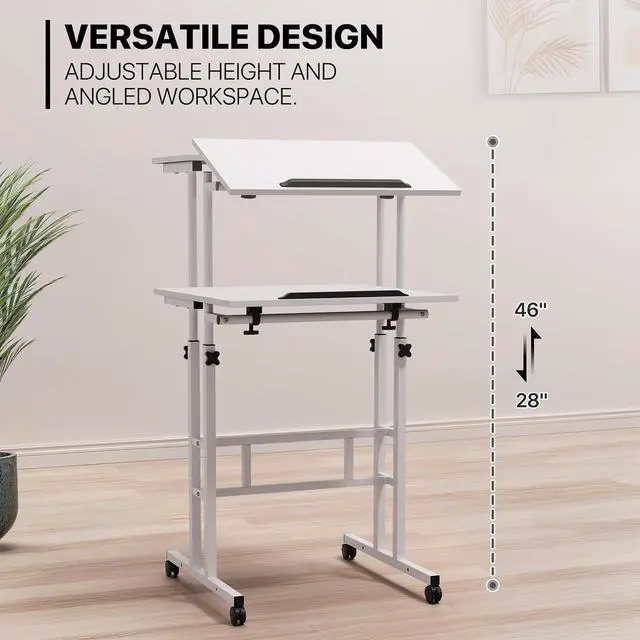 Alt view image 5 of 7 - Mobile Stand Up Desk Height Adjustable Computer Standing Rolling Laptop Cart Table with 2 Platforms for Home Office Classroom with Wheels, White