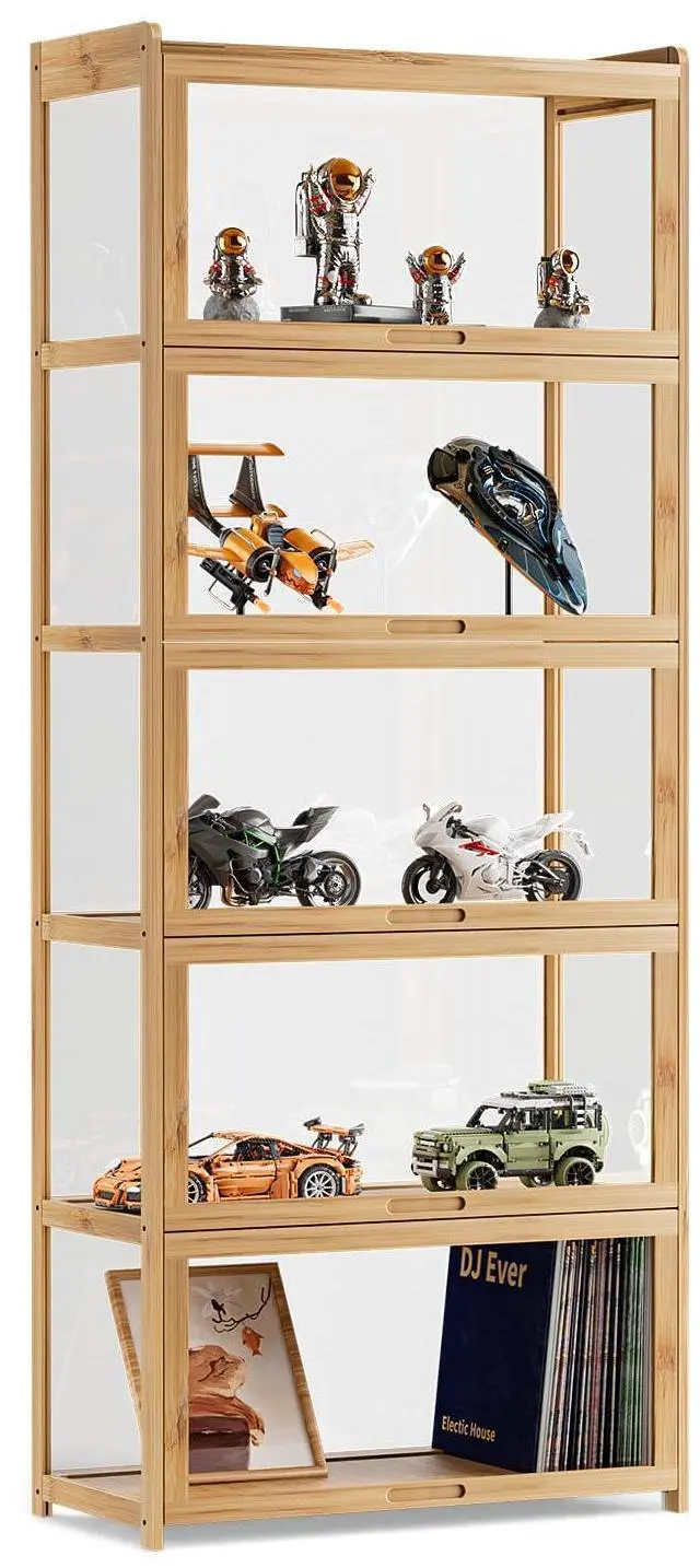 Main image of 67.5" Curio Display Cabinet with Doors, 5-Tier Bamboo Showcase Storage Cabinet Shelf Collectibles Toy Display Case for Living Room, Natural
