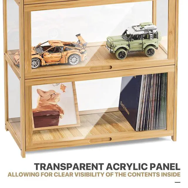 Alt view image 5 of 7 - 67.5" Curio Display Cabinet with Doors, 5-Tier Bamboo Showcase Storage Cabinet Shelf Collectibles Toy Display Case for Living Room, Natural