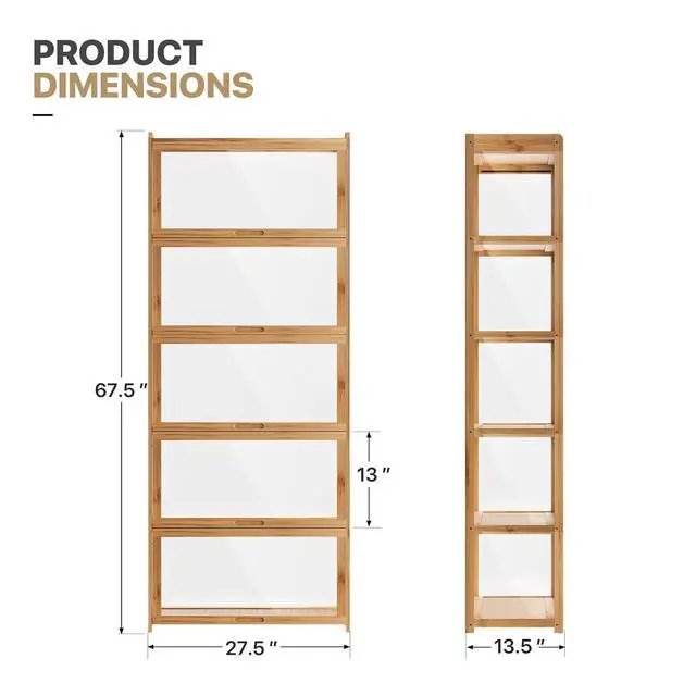 Alt view image 3 of 7 - 67.5" Curio Display Cabinet with Doors, 5-Tier Bamboo Showcase Storage Cabinet Shelf Collectibles Toy Display Case for Living Room, Natural