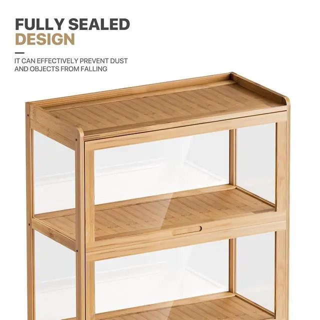 Alt view image 6 of 7 - 67.5" Curio Display Cabinet with Doors, 5-Tier Bamboo Showcase Storage Cabinet Shelf Collectibles Toy Display Case for Living Room, Natural
