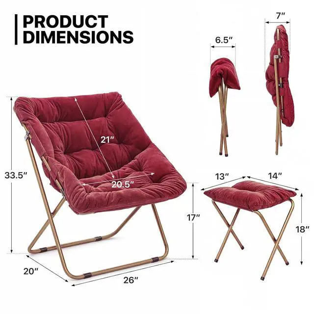 Alt view image 3 of 7 - Square Folding Faux Fur Saucer Chair for Bedroom Living Room Dorm Foldable Metal Frame Oversized Large Comfy Furry Padded Soft Cozy Moon Chair with Footrest Ottoman for Adults (Burgundy)