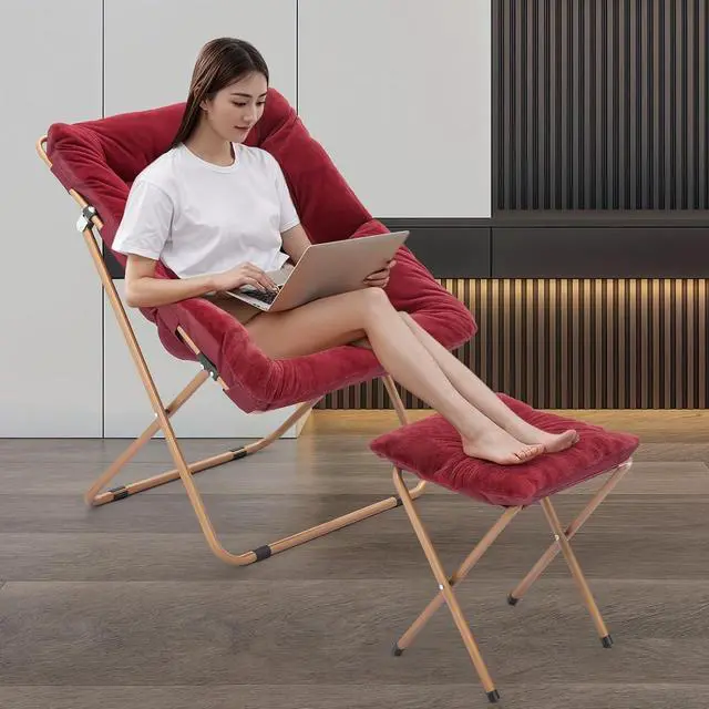 Alt view image 4 of 7 - Square Folding Faux Fur Saucer Chair for Bedroom Living Room Dorm Foldable Metal Frame Oversized Large Comfy Furry Padded Soft Cozy Moon Chair with Footrest Ottoman for Adults (Burgundy)