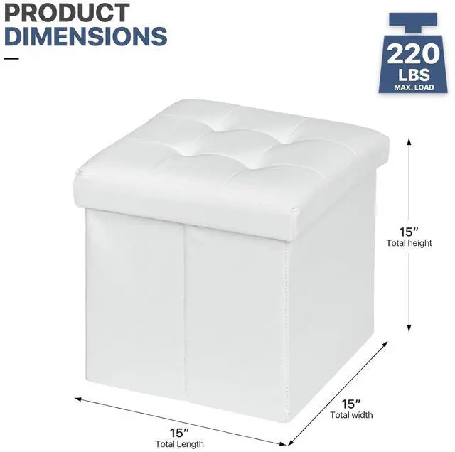 Alt view image 3 of 7 - 15 Inch Storage Ottoman Cube, 11 Gal. Folding Ottoman Foot Rest Stool, PU Leather Small Footrest with Storage for Living Room, Bedroom, Entryway, Hallway, White
