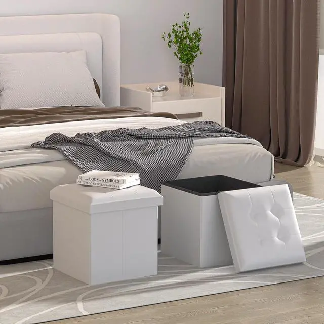 Alt view image 2 of 7 - 15 Inch Storage Ottoman Cube, 11 Gal. Folding Ottoman Foot Rest Stool, PU Leather Small Footrest with Storage for Living Room, Bedroom, Entryway, Hallway, White