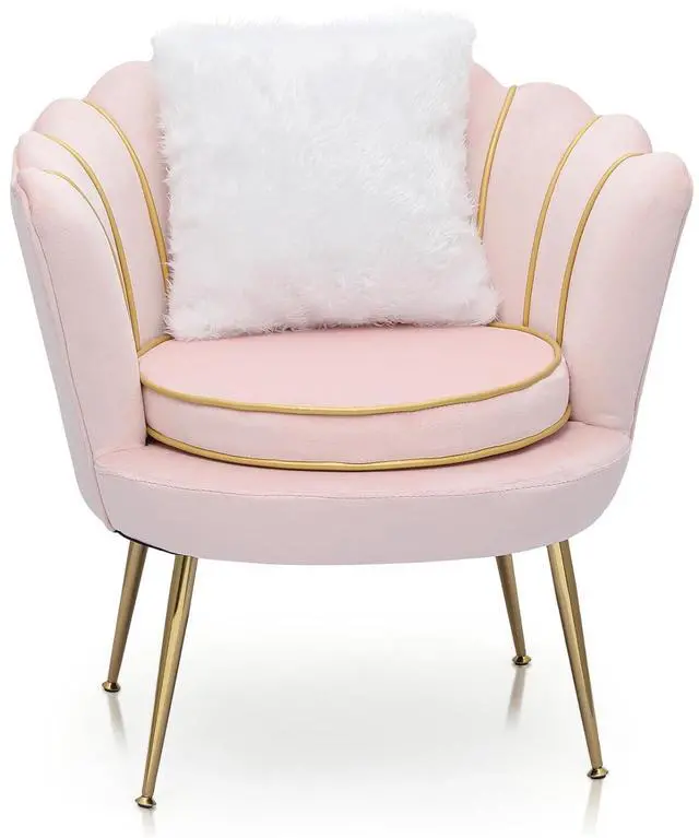Main image of Upholstered Velvet Chair for Bedroom Makeup Room, Light Pink Shell Chair Mid-Century Modern Leisure Guest Chair for Living Room with Cushion and Metal Legs, Retro Arm Chair, 250 lbs Capacity