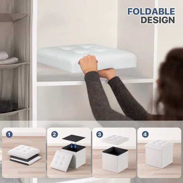 Alt view image 5 of 7 - 15 Inch Storage Ottoman Cube, 11 Gal. Folding Ottoman Foot Rest Stool, PU Leather Small Footrest with Storage for Living Room, Bedroom, Entryway, Hallway, White