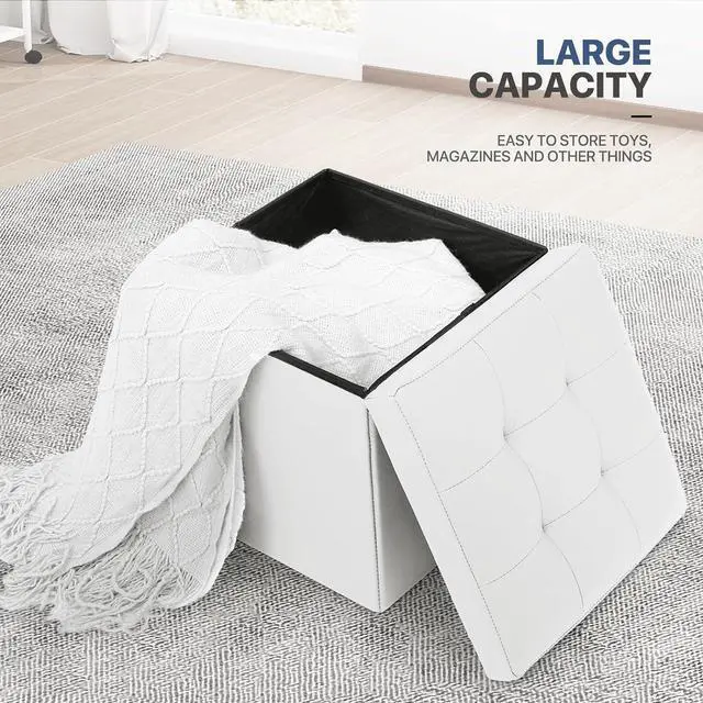 Alt view image 4 of 7 - 15 Inch Storage Ottoman Cube, 11 Gal. Folding Ottoman Foot Rest Stool, PU Leather Small Footrest with Storage for Living Room, Bedroom, Entryway, Hallway, White