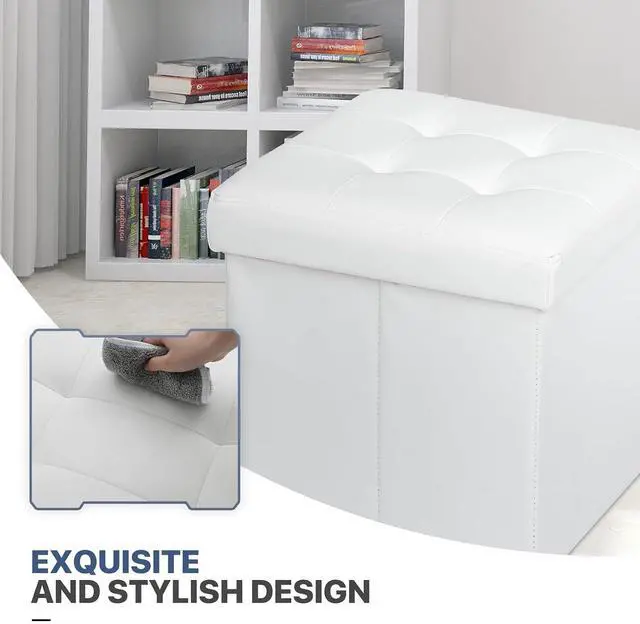 Alt view image 7 of 7 - 15 Inch Storage Ottoman Cube, 11 Gal. Folding Ottoman Foot Rest Stool, PU Leather Small Footrest with Storage for Living Room, Bedroom, Entryway, Hallway, White
