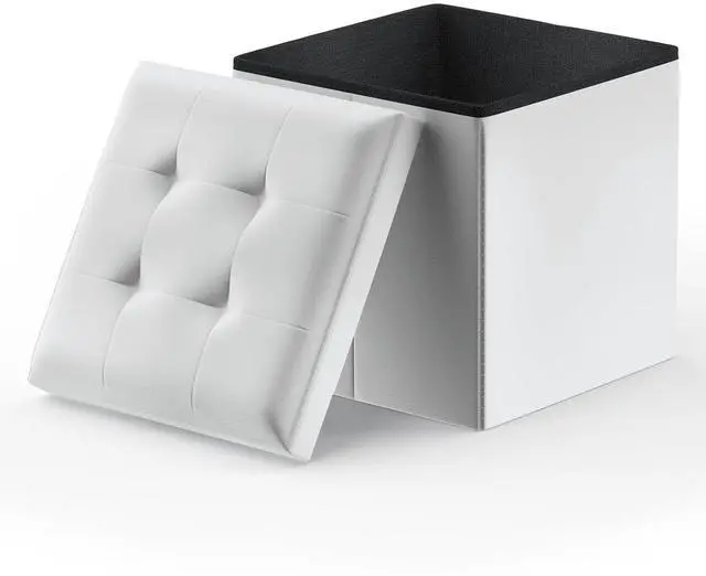 Main image of 15 Inch Storage Ottoman Cube, 11 Gal. Folding Ottoman Foot Rest Stool, PU Leather Small Footrest with Storage for Living Room, Bedroom, Entryway, Hallway, White